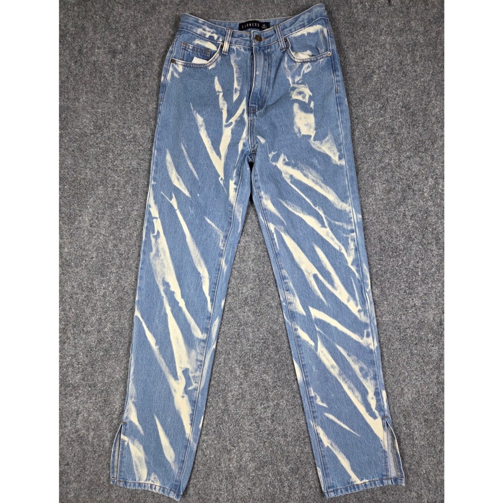Lioness Jeans Women XS Blue Bleached Tie Dye High Rise Straight Split Hem Cotton